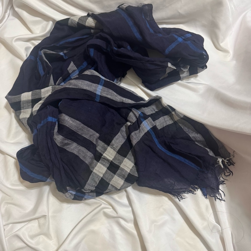 Burberry Navy and Gray Plaid Scarf
